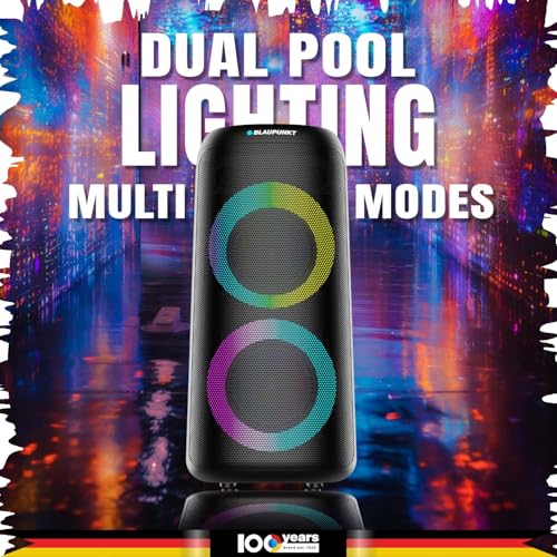 Image of Blaupunkt Rock & Roll 100W Party Speaker with Dual 6.5'' woofers, Dual Pool Lightning Mode, Mic /Guitar Input, Bass Boost, TWS, Perfect for Karaoke, Music & Home Parties (R.A.V.E)