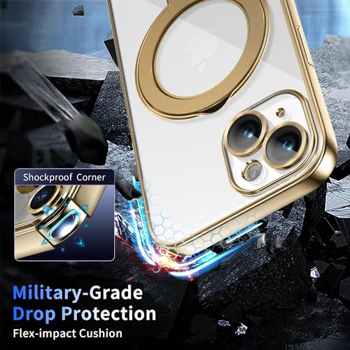 Image of Magnetic for iPhone 13 Case with Invisible Stand[Compatible with MagSafe][Full Camera Lens Protector][Military Drop Protection] Shockproof Not Yellowing Clear Slim Soft Women Men Gold