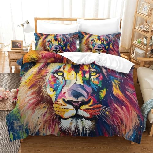 Housse de couette lion parure de lit 3 pièces en microfibre 260x220cm