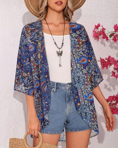 Image of Women's Floral Print Puff Sleeve Kimono Cardigan Loose Cover Up Casual Blouse Tops 2026