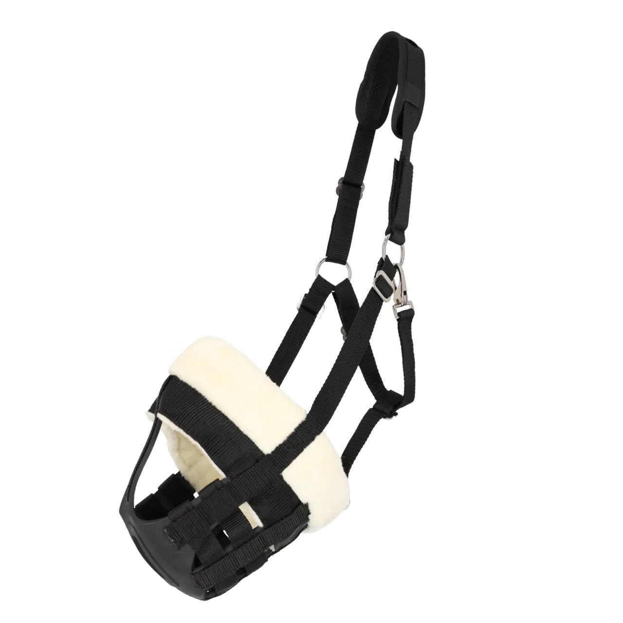 NETPROSHOP Beweidungsmaske Fressbremse mit Kunstfellbesatz und Nasenlöchern schwarz Shetty Pony Cob Full, Groesse:Pony, Farbe:Schwarz