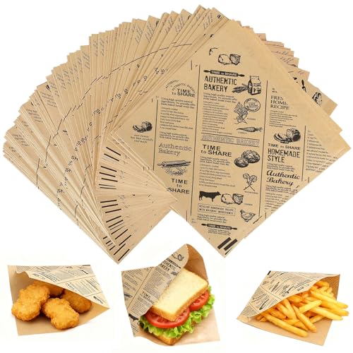 CafullCon Papel para hamburguesas, 160 hojas de papel de deli, resistentes al agua y al aceite, bolsas de hamburguesas con impresión retro, papel sándwich, bolsas de aperitivos, papel de estraza para