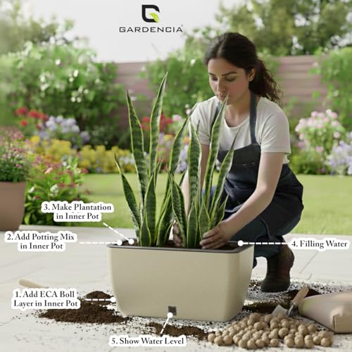 Image of GARDENCIA Self Watering Flower Pots for Outdoor Indoor Gardening /Rectangle Big Plant Pot with Polypropylene UV Material /Decorative Modern Gamla (Pack of 1, Recta Big Stone Cream)
