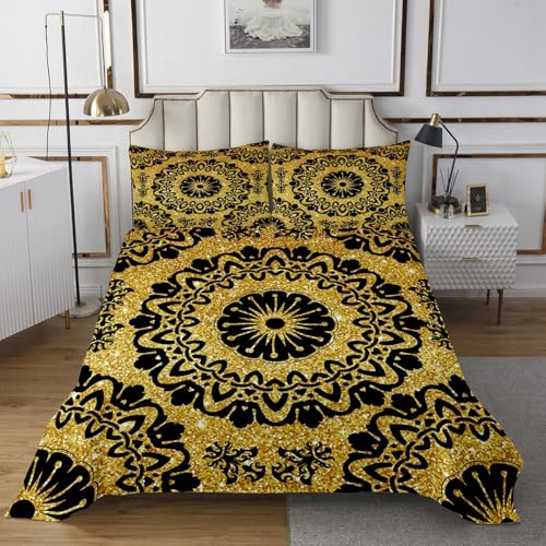 Vintage Baroque Bedspread Twin Size Japanese Cherry Blossom Boho Mandala Flowers Bedding for Kids Teens Bedroom Golden Sequins Glitter Tribal Damask Coverlet Set Quilt Set for All Season,2 Pcs