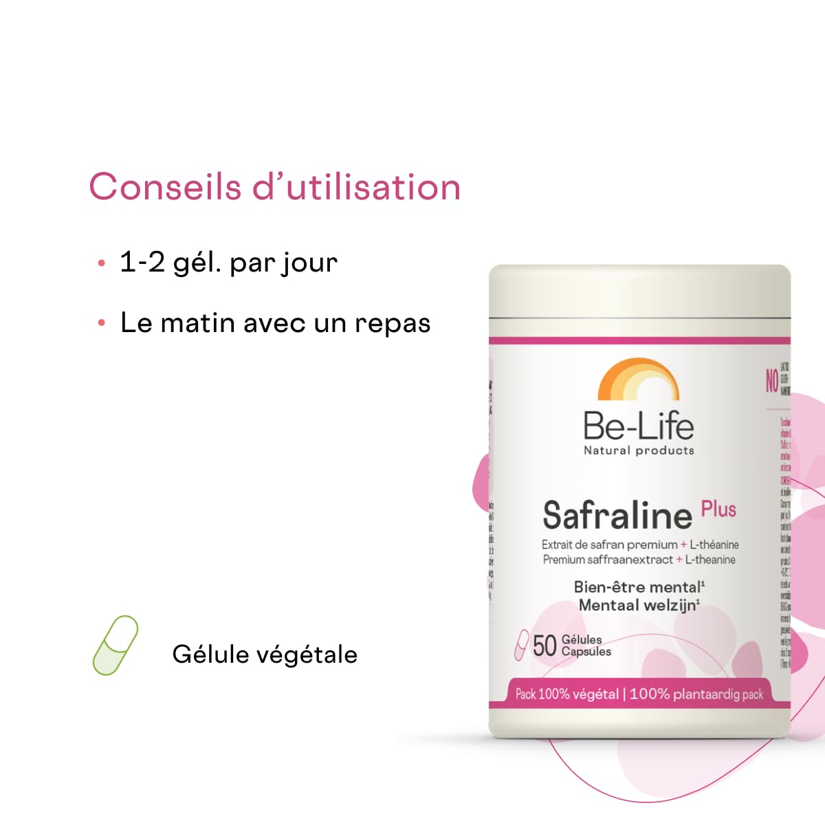 BE-LIFE | Safraline Plus | Safran & L-Théanine | Humeur Positive & Équilibre Émotionnel | Fonction Cognitive & Système Nerveux | 50 gélules
