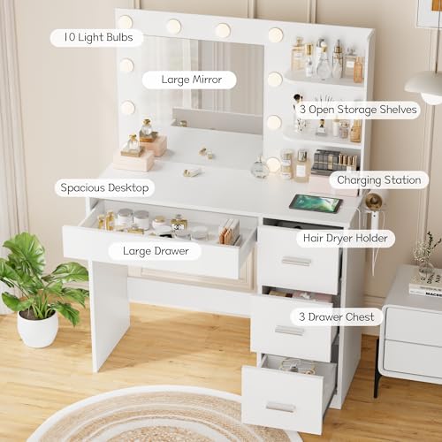 Image of YESHOMY Vanity Desk with Mirror, 10 Lights, Power Outlet and 3 Storage Shelves, Makeup Table with 4 Drawers, 3 Color Modes, for Bedroom, White