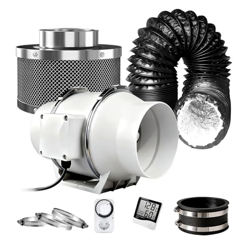 Cannobox Rohrventilator 100mm Set Abluftset mit Abluftventilator 220 m/h Aktivkohlefilter 3M PVC Abluftschlauch Hygrometer Zeitschaltuhr Gummikupplung 3 Rohrschellen für Indoor Growzelt Hydrokultur