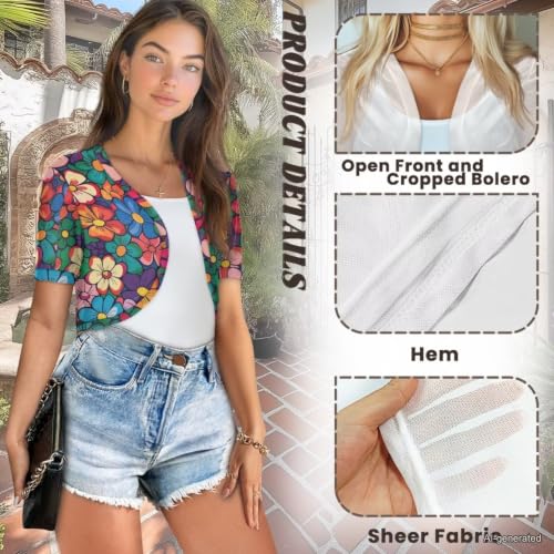 Image of Womens Short Sleeve Cardigans Lightweight Summer Cardigan Trendy Bolero Shrug Cute Floral Cardigan Sheer Bolero