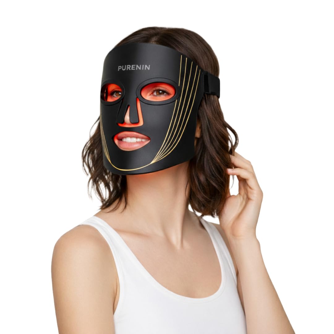 LED Gesichtsmaske: 4-in-1 Lichttherapie, Rotlicht, Anti-Aging – Kollagenboost, Akne-Pflege & Hautberuhigung | Red light therapy, Infrarot, Blau- und Gelblicht | Faltenreduktion (ohne Serum)