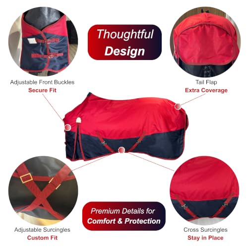 Image of BARN & STABLE 600Denier 3000mm /3000mvp Super Waterproof & Breathable Horse Blankets for Winter with 200g Fill (Classic Red /Navy, 81 Inch)