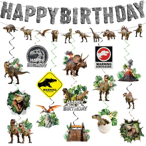 Dinosaur Birthday Party Decorations Set Includes Dino Happy Birthday Banner Sign Jungle Dino Hanging Swirl Ceiling Spiral Streamers for Kids Boys Birthdays Party Baby Shower Decor Supplies