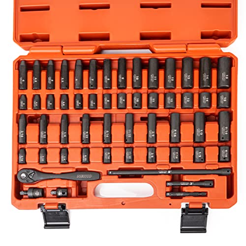 Neiko 02448A 1/2" Drive Master Impact Socket Set & 02437A 1/4 Drive Impact Socket Set 54 Piece Metric & Standard, Deep & Shallow Chrome Vanadium Steel 3/8” To 1/4” Reducer Hex Shank Adapter #TOP4