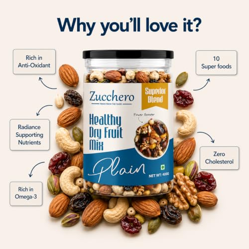 Image of Zucchero Healthy Dry Fruit Mix (400g) - Daily Health Trail Mix | Power Booster | Almond, Cashew, Amla, Sunflower, Flax, Date, Cranberry, Kiwi | Classic Indian Mix | 100% Natural | No Oil, Salt or Preservatives | Lab Tested