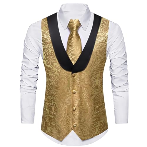 Image of Barry.Wang Mens Silk Lapel /Shawl Collar Vest Tie Sleeve Holder Set Formal /Casual Paisley Vests Wedding Tuxedo Waistcoat