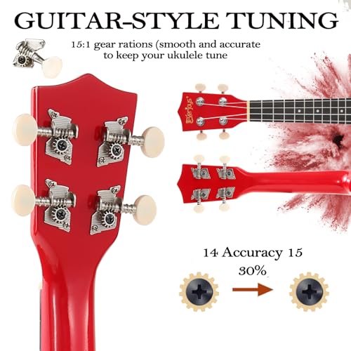 Image of Everjoys Soprano Ukulele Beginner Kit 21 Inch w /Free Online Lesson Gig Bag Tuner Picks Strap, Fast to Learn (Shinny Red）