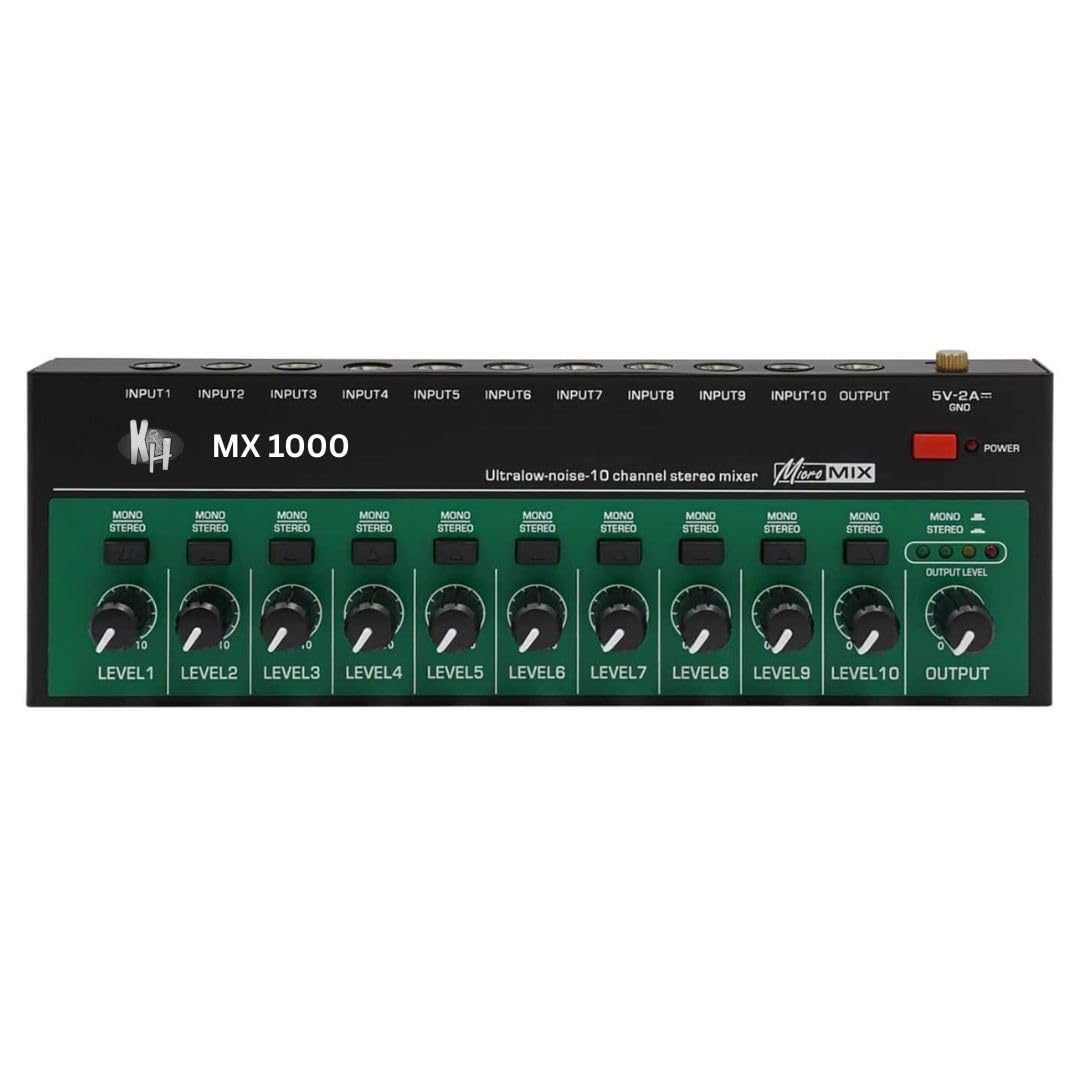 kh 10 channel mini stereo audio mixer 10w with 3.28ft usb cable 1/4 trs input/output ultra low noise for studio and live performance (bars, guitars, bass, keyboards)