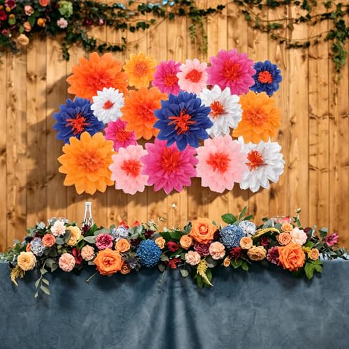 Image of Geyee 18 Pcs Mexican Paper Flowers Colorful Fiesta Tissue Paper Flowers Pom Poms Mexican Carnival for Floral Party Backdrop Wedding Birthday Party Craft (Multicolor,6 inch 8 inch 10 inch)
