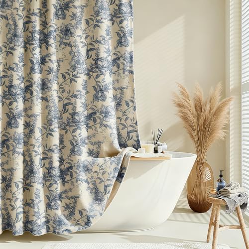 Blgiont Farmhouse Blue Floral Shower Curtain with 12 Clear Rings Fabric Faux Linen Shower Curtain Set Vintage Cottagecore Shower Curtain for Bathroom 72 W x 72 L