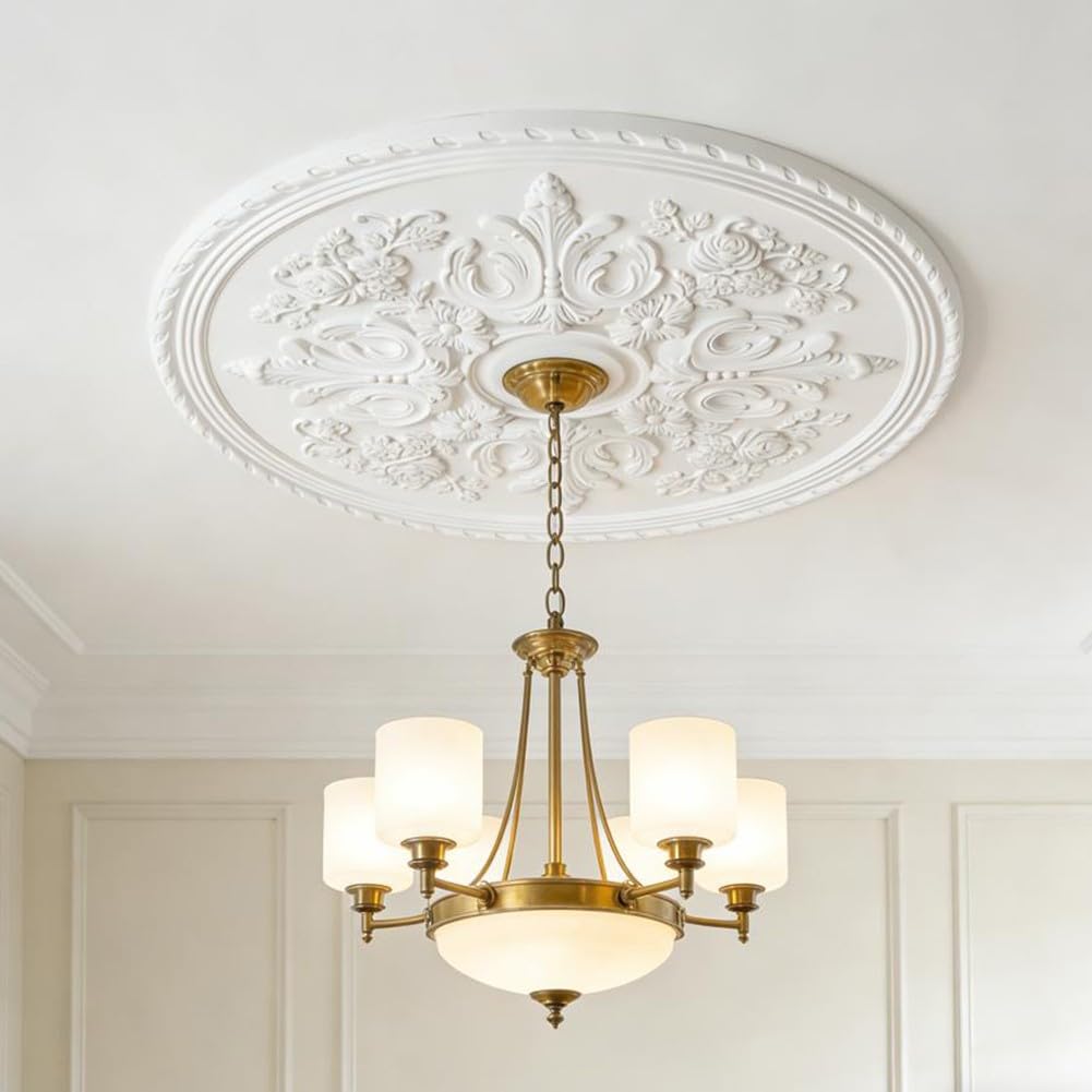 SPORTARC Medaglione da soffitto, rosone rotondo da soffitto, 60 cm, design floreale in poliuretano bianco, leggero, facile da installare per soggiorno, camera da letto, decorazione da pranzo