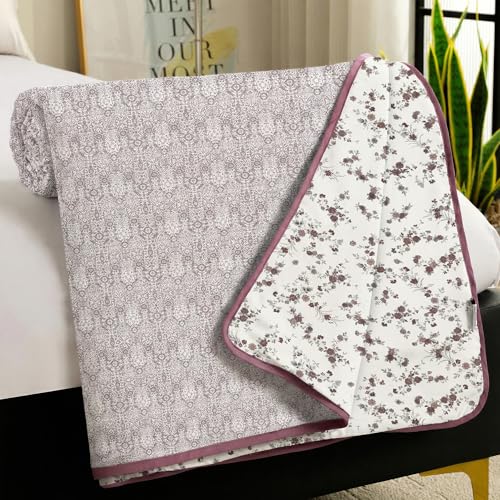 Image of Story@Home Dohar Single Bed Cotton 100% | 150GSM 144 X 220 cm Quilt AC Blanket for Summer | AC Comforter Single Bed | White & Burgundy, Floral Reversible Design Duvet | All-Season Blanket