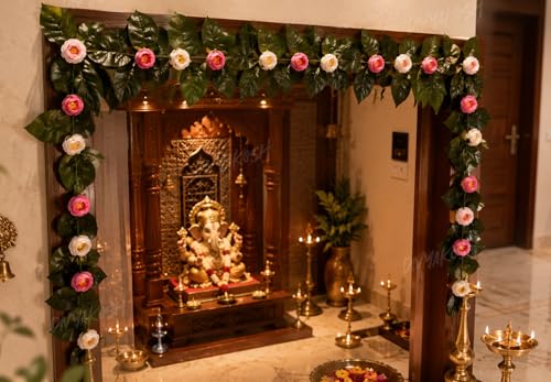 Image of Divyakosh Mango Leaf Vine with Peony Flowers, Creeper for Main Door Entrance Decor, Garland | 80 Inch Artificial Floral Door Hanging with 24 Pink White Flowers |Festive Pooja Decor for Diwali Ganpati|