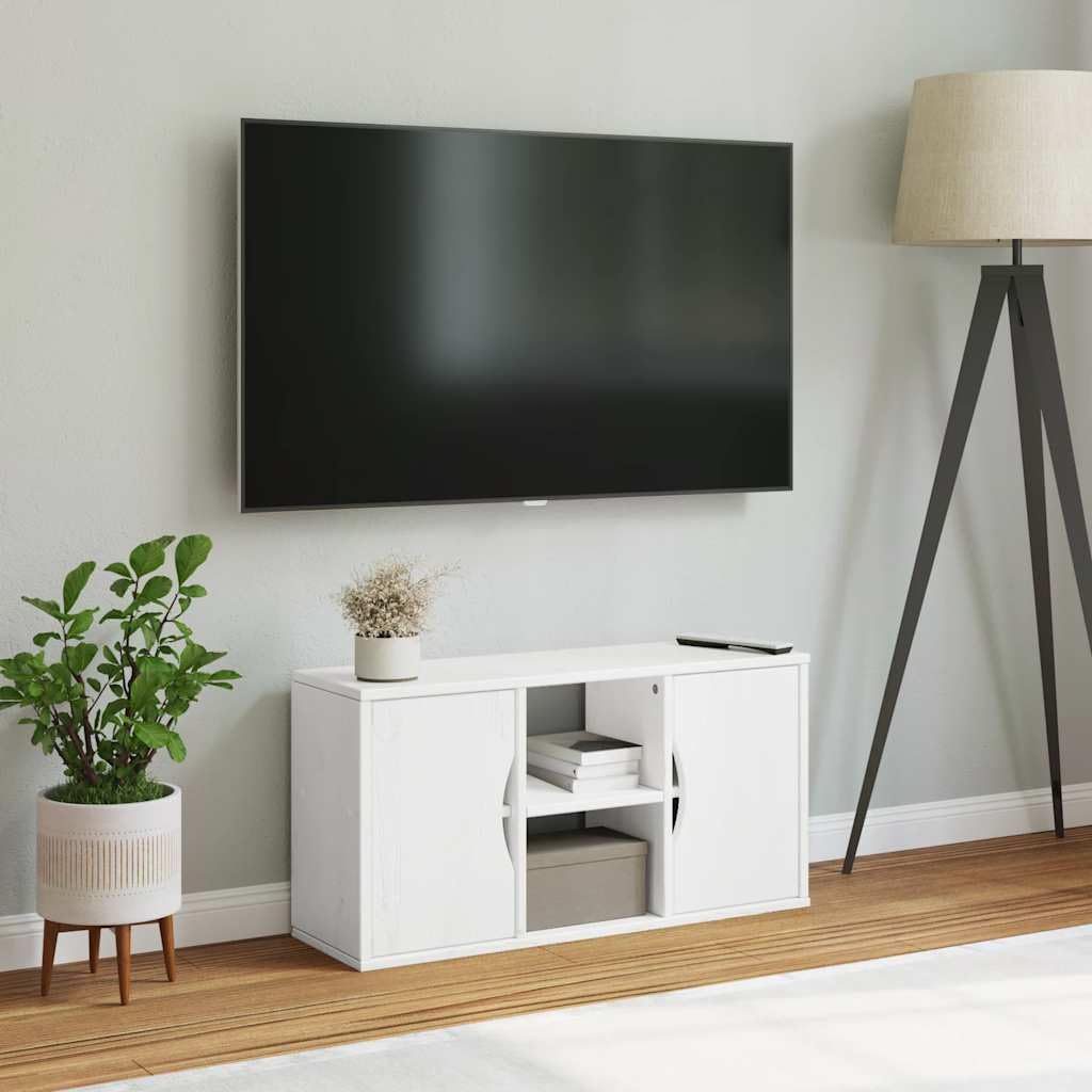 Szafka pod telewizor ODDA biała z litego drewna sosnowego, 79 x 24 x 40 cm, z miejscem do przechowywania, półką i szufladą do salonu, sypialni, nowoczesny Lowboard, kredens, komoda