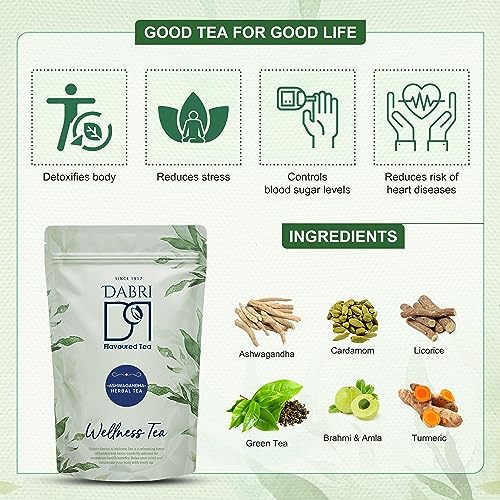 Image of Dabri Ashwagandha Herbal Tea 100gm Pouch| Pure Natural Taste | Rich in Antioxidants Detox Tea| Supports Cognitive Health |Herbal Blend for Stress Relief & Inner Balance | Relieves Anxiety & Tension