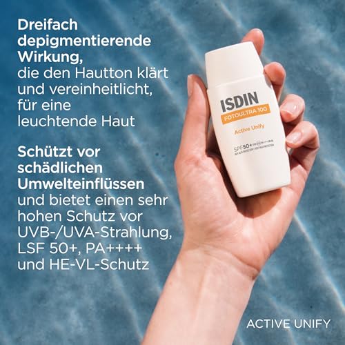 ISDIN FotoUltra Active Unify LSF 50+, Hellt auf und vereinheitlicht den Hautton, Sonnencreme mit dreifach aufhellender Wirkung, 50 ml