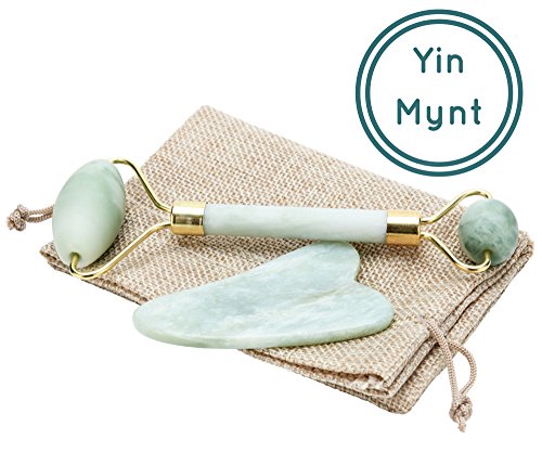 Yin Mynt Anti Aging New Jade Roller for Chi | 100% Real, Green, Natural, Genuine, Royal Jade Gua Sha Set Bundle | Facial Massager, Neck Slimming, Therapy Nephrite Xiuyan