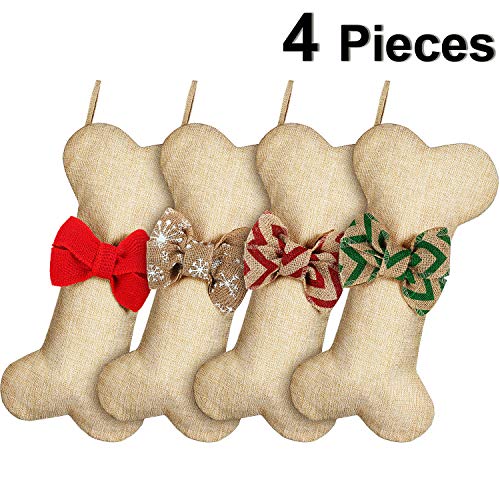 Dog Bone Christmas Stockings Pet Burlap Christmas Stockings Fireplace Hanging Stockings with Bowknot