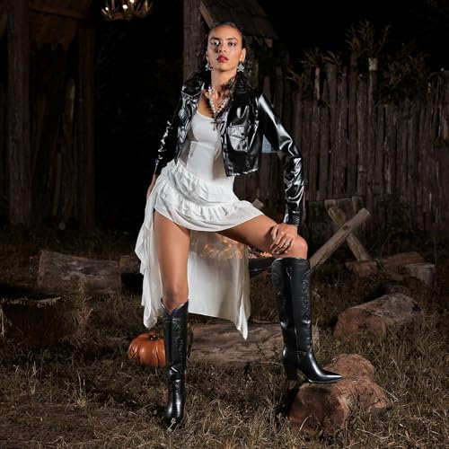 ISNOM Women's Cowgirl Boots Pull On Knee High Boots, Cowboy Western Embroidered Chunky Block Heel Pointed Toes Boots4