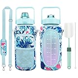 Half Gallon Water Bottle with Sleeve ,Large 64 OZ Water Bottle with Straw and Time Marker to Drink,...