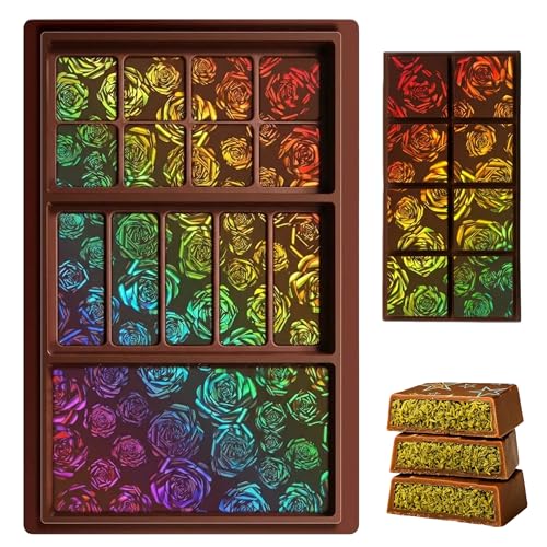 Ziliny Rose Holographic Chocolate Bar Mold Silicone, Rainbow Light Effect Chocolate Bar Deep Thick Molds for DIY Candy Dessert Baking, Candy, Wax Melts, Cake Decoration (Large and Thick)