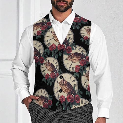 Owl Rose Flowers Clock Men's Suit Vests Dress Vest V-Neck Waistcoat Slim Business Formal with Pocket2