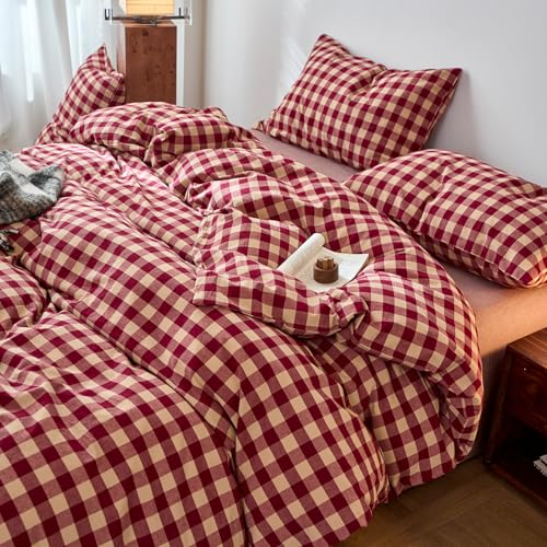 Image of EAVD Vintage Style Red Gingham Duvet Cover King Soft 100% Washed Cotton 3-Piece Reversible Plaid Checkered Bedding Set with 2 Pillowcases Farmhouse Buffalo Plaid Duvet Cover with Zipper Closure