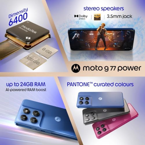 Image of Motorola G77 Power (Pantone Nautical Blue, 8GB RAM, 128GB Storage) | MediaTek Dimensity 6400 Octa-Core Processor | 50MP + 8MP AI Dual Rear Camera | 32MP Front Camera | 6.72-inch FHD+ 120Hz Display | | MediaTek Dimensity 6400 Octa-Core Processor, 50MP + 8MP AI Dual Rear Camera, 32MP Front Camera, 6.72-inch FHD+ 120Hz Display