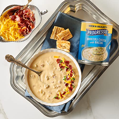 Image of Progresso Rich & Hearty Broccoli Cheese Soup with Bacon, Gluten-Free, 18 oz | Tender broccoli, Real bacon bits in creamy cheese broth, No artificial flavors, No colors from artificial sources