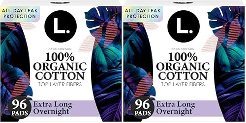 Image of L. Ultra Thin Pads for Women, Overnight Absorbency, Organic Cotton Top Layer, Unscented Pads with Wings,96 Count (Pack of 2)