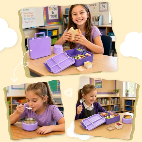 Image of Kids Lunch Box 4 Compartment Bento with 8oz Food Jar，Purple
