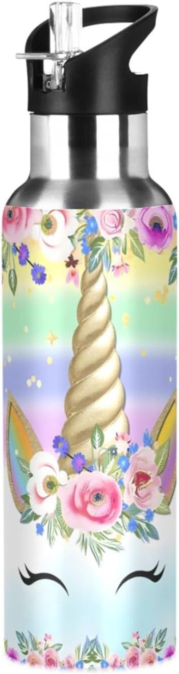 Cute Unicorn Water Bottle Kids Insulated Boys Girls Stainless Steel Hot Cold Water Flask Jug with Straw Lid for Sports Gym Running 20 oz