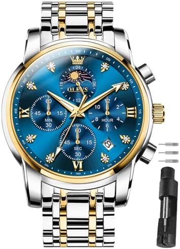OLEVS Watches for Men,Blue Face Men's Watch,Blue Gold Watch Mens Dress Watches,Waterproof Big Face Wristwatch Easy Read,Chronograph Wristwatch for Men,Relojes para Hombres