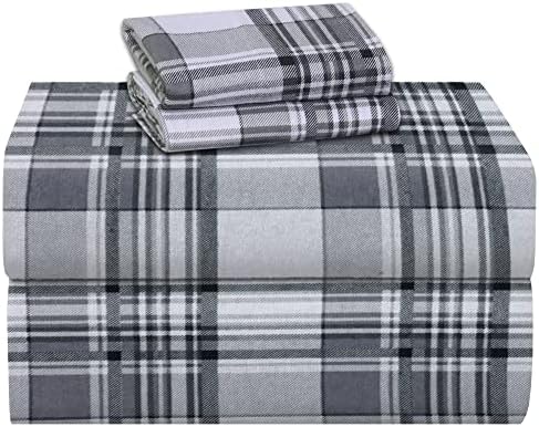 RUVANTI 100% Cotton 4 Piece Flannel Sheets King Balance Plaid Grey Deep Pocket-Warm-Super Soft - Breathable Moisture Wicking Flannel Bed Sheet Set King Include Flat Sheet, Fitted Sheet 2 Pillowcases