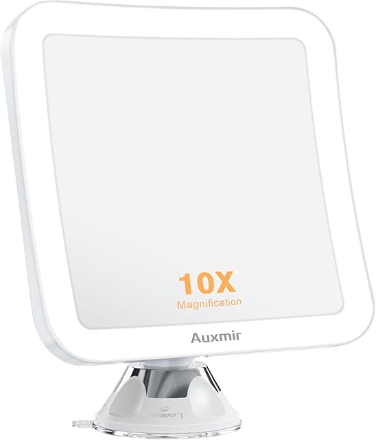 Auxmir lusterko kosmetyczne z podświetleniem LED, powiększenie 10x, mocna przyssawka i 2 poziomy jasności, obracane o 360°, kwadratowe, do makijażu w domu i w podróży