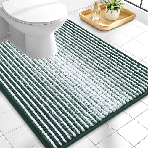 Image of OLANLY Toilet Rugs U-Shaped 24x20, Extra Soft Absorbent Chenille Striped Contour Bathroom Rugs for Toilet, Dry Quickly, Machine Washable, Non-Slip Bath Mat, Blackish Green