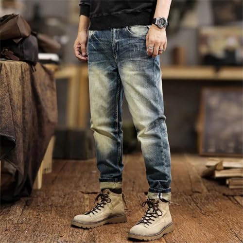 Men's Slim Straight Jeans Vintage American Fleece Casual Tapered Pants3