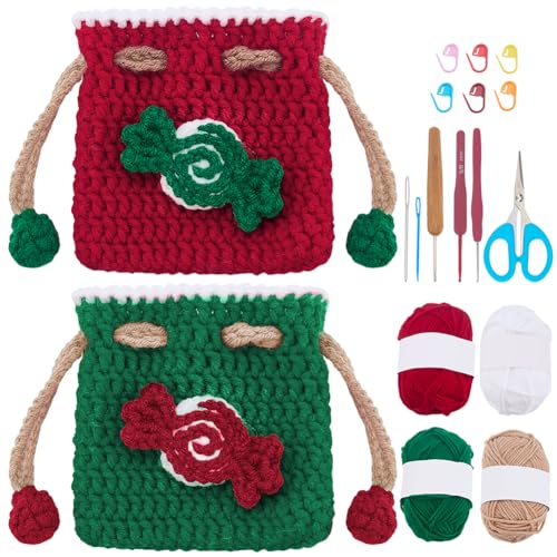 WEBEEDY 2 conjuntos de kit de crochê com cordão de doces de Natal, kit de crochê para iniciantes com tutorial passo a passo, fios e ferramentas, carteira de bolsa feita à mão para festa de Natal