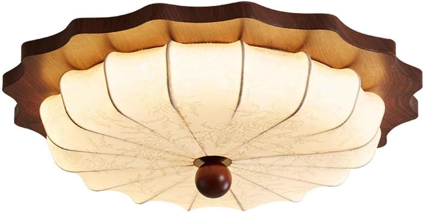 Japanese Flush Mount Ceiling Light, 3-Color Dimming Vintage LED Ceiling Light Fabric Black Wood Lamps, Round Rustic Lighting Fixture, Flower Ceiling Lamp
