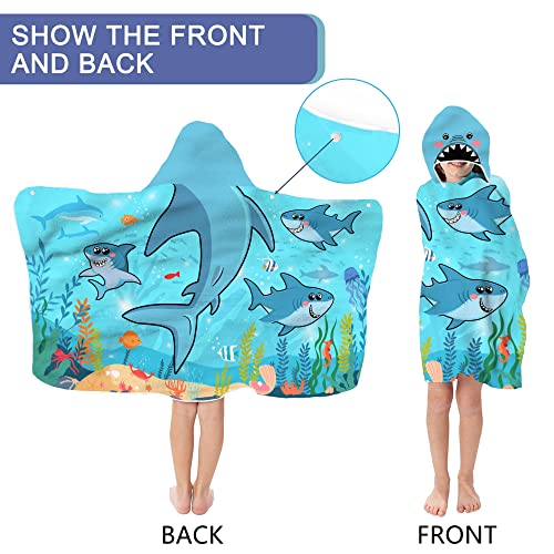 Bonsai Tree Shark Hooded Beach Towel For Kids, Cool Ocean Fishes Bath Towel With Hood For Boys, Funny Sea Animals Microfiber Super Absorbent Soft Poncho Bathrobe For Swin Pool 30”X50” #TOP2