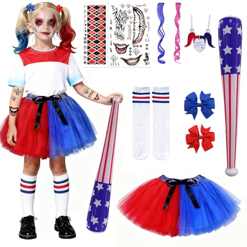 YUERTMIO Disfraz de Quinn Niños,Disfraces Halloween Niña con falda de tul Tutú con collar, Bate de Béisbol Inflable, Calcetines, Paquete de Pelo, para Cosplay de Carnaval Halloween