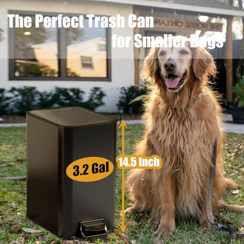 Image of Metal Dog Pooper Scooper for Yard - 3.2Gal Dog Poop Trash Can Outside with Pedal - Pet Waste Container Outdoor - Stainless Steel Garbage Bucket with Lid - Black Trash Bin, Long Handle Tray and Rake